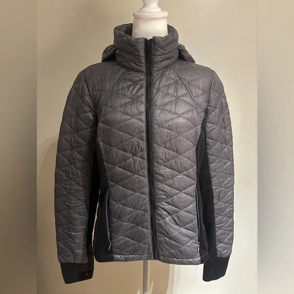 Guess Women’s Gray & Black Quilted Puffer Light Jacket Sz Large Hooded Full Zip - Picture 1 of 8
